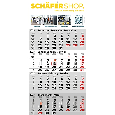 Calendrier de Schäfer Shop montrant les mois de décembre 2026, janvier, février et mars 2027. Le 13 de chaque mois est mis en évidence en rouge.