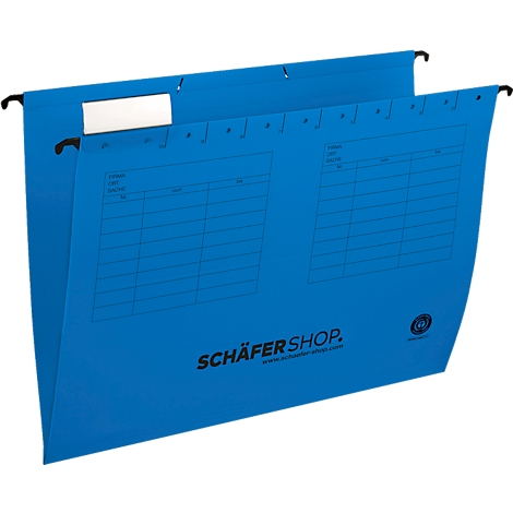 Archivo colgante azul con ganchos negros, etiquetado con tablas y el logotipo de Schäfer Shop.