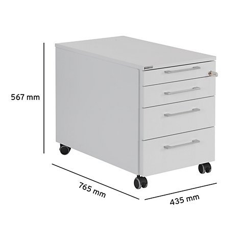 Contenedor de oficina móvil blanco con tres cajones y una cerradura, dimensiones: 765 x 435 x 567 mm.