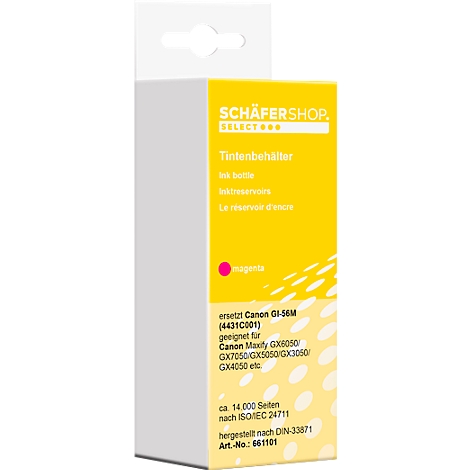 Emballage de cartouche d'encre jaune et blanche avec point magenta, texte "SCHÄFERSHOP", "cartouche d'encre", pour imprimantes Canon.