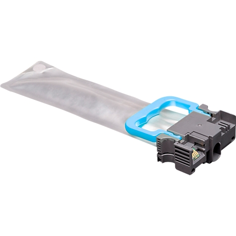 Gros plan d'un boîtier en plastique gris avec un cadre bleu et un sac transparent.