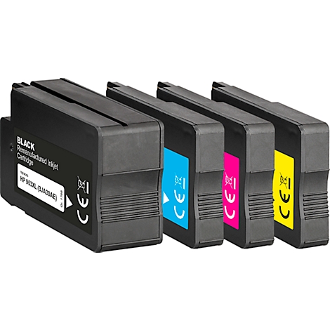 Cartouches d'imprimante en noir, bleu, rose et jaune, disposées côte à côte. Comprend des marquages CE, des détails du fabricant et des codes couleur.
