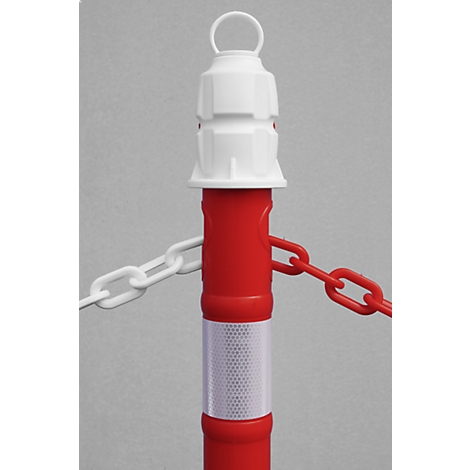 Red barrier post with white head, reflective tape and chains. The chains are white and red.
