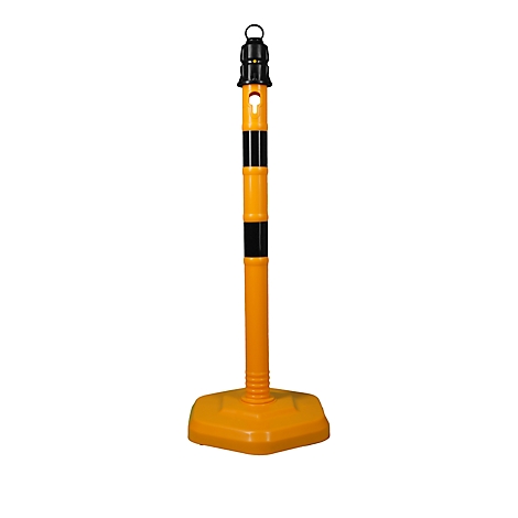 Yellow and black bollard. With a wide base, two black stripes, and a ring at the top.
