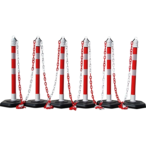 Red and white striped barrier posts connected with chains.