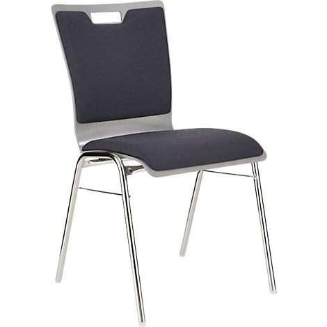 Chaise moderne avec revêtement en tissu gris, cadre argenté et une encoche dans le dossier.