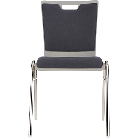 Chaise avec cadre et pieds gris, dossier et assise gris foncé, partie arrière avec poignée.