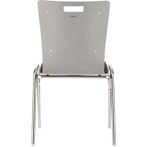 Vue arrière d'une chaise argentée. Assise et dossier gris clair. Quatre pieds chromés.