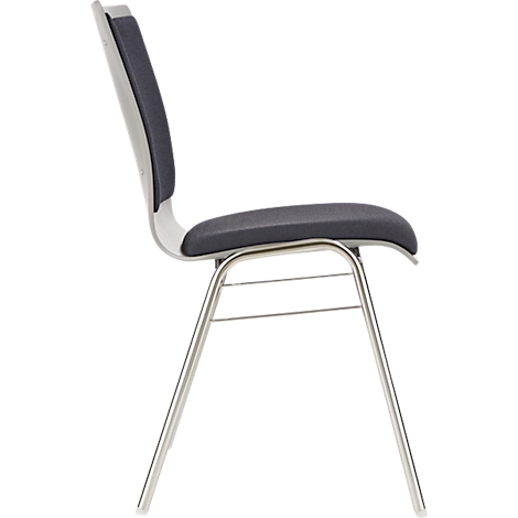 Vue latérale d'une chaise, assise et dossier gris foncé, pieds en métal argenté.