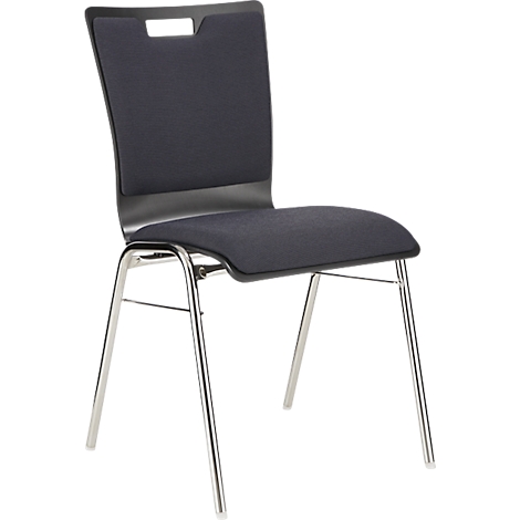 Chaise bleu foncé avec quatre pieds en métal et une ouverture dans le dossier.