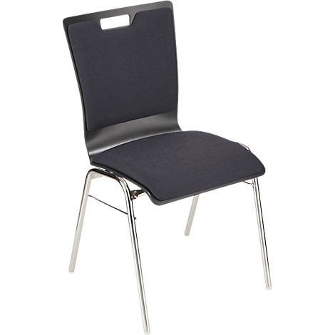 Chaise avec assise et dossier noirs, pieds métalliques. Le dossier a un renfoncement en haut.