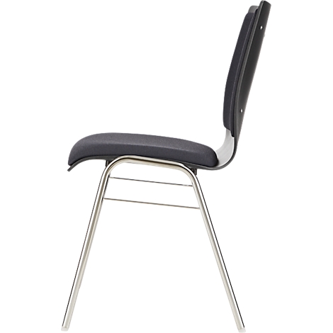 Vue latérale d'une chaise. Assise et dossier gris avec un cadre argenté.