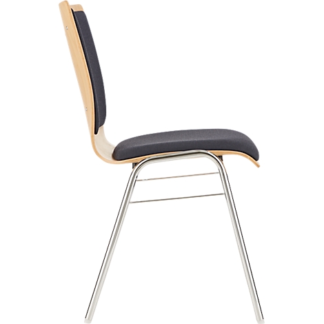 Vue latérale d'une chaise. L'assise et le dossier sont gris foncé, le cadre est en bois et les pieds sont en métal.
