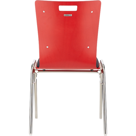 Chaise rouge avec pieds chromés, photographiée sur fond blanc.