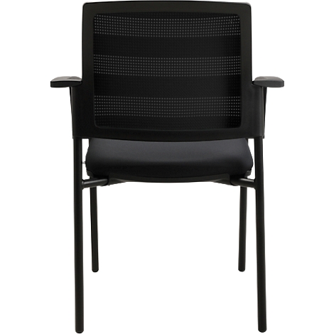 Chaise de bureau noire, dossier en tissu maillé. Accoudoirs, assise et cadre également noirs.