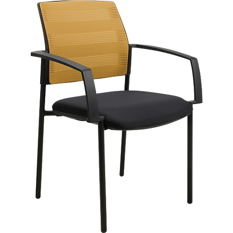 Chaise de bureau avec cadre noir, assise noire et dossier en mesh jaune-orangé.