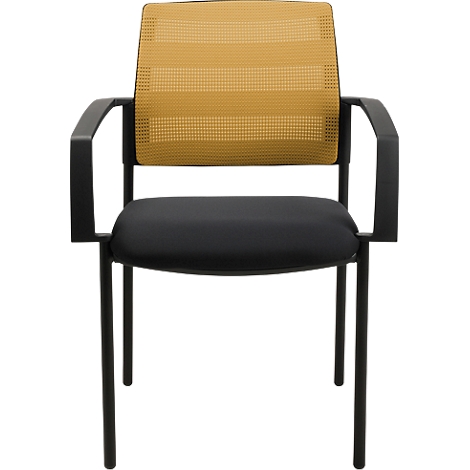 Chaise de bureau: Siège, accoudoirs et pieds noirs, dossier à motifs jaunes.