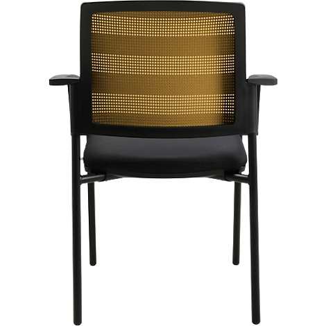 Chaise de bureau noire avec dossier en maille jaune et accoudoirs, sur fond blanc.