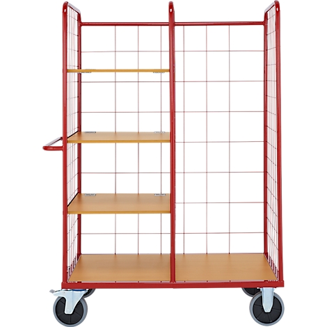 Chariot de transport rouge avec parois grillagées, planchers en bois et roues.