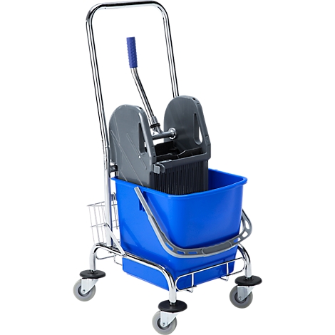 Chariot de nettoyage bleu avec presse à vadrouille et seau sur roues. Cadre chromé.