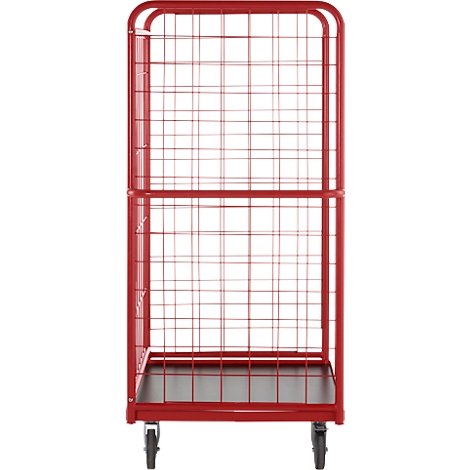 Chariot roulant rouge avec parois grillagées, sur quatre roues. Une zone de chargement est disponible en bas.