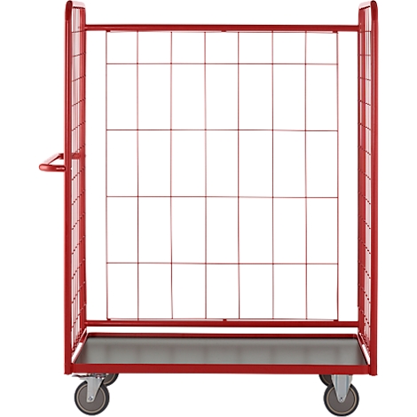 Un chariot grillagé rouge avec des roues et une base grise, sur fond blanc.