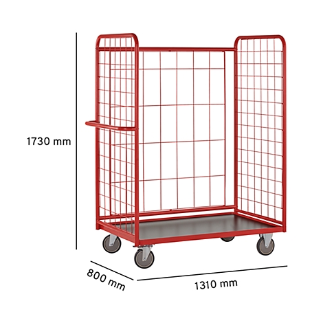 Chariot rouge avec parois grillagées, base noire et dimensions : 1730 x 1310 x 800 mm.