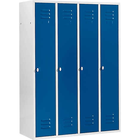 Blue cabinet with four compartments, white frame and handles. Ventilation holes on top of the doors.