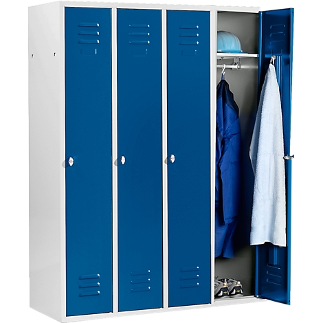 A three-door cabinet with blue doors. One door is open, revealing clothing and a helmet.