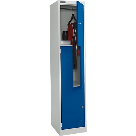 A steel cabinet with open blue door, hangers with red jacket and black trousers.