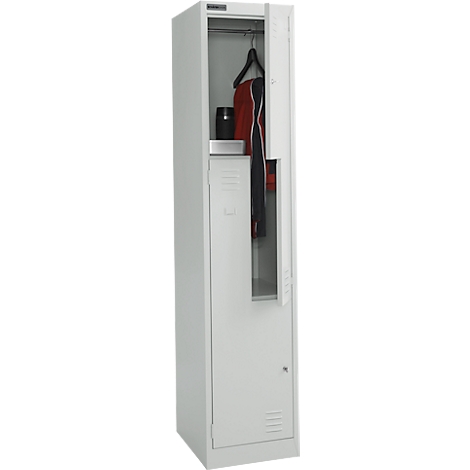 Gray locker with open door. Inside are hangers with jacket and tie. Compartment for valuables at the bottom.