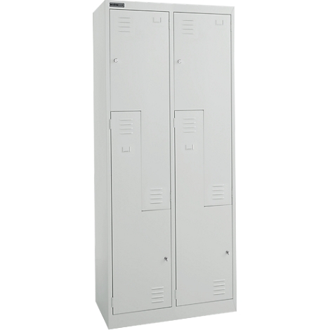 A white metal cabinet with multiple compartments, doors and ventilation slots.