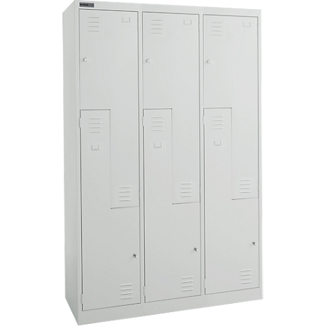 Three-part white steel cabinet with doors and ventilation slots.