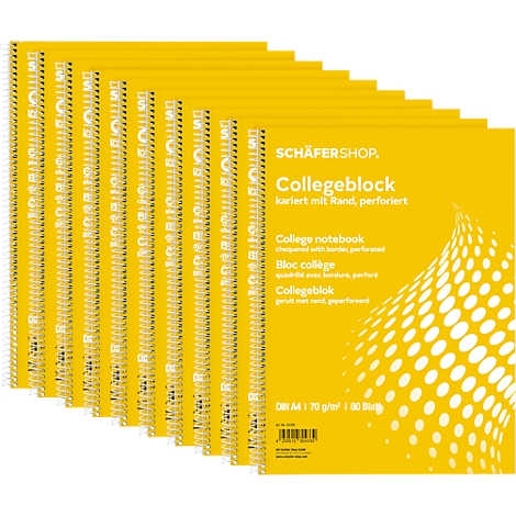 Gelbe Collegeblöcke mit Spiralbindung. Aufdruck: Schafershop Collegeblock, kariert, perforiert.