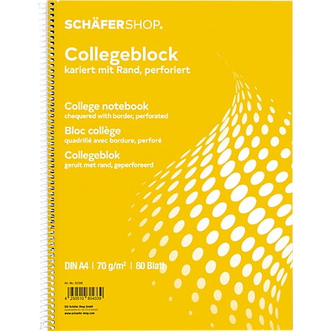 Gelbes Collegeblock-Notizbuch mit Spiralbindung. Aufschrift Collegeblock und weitere Sprachen.