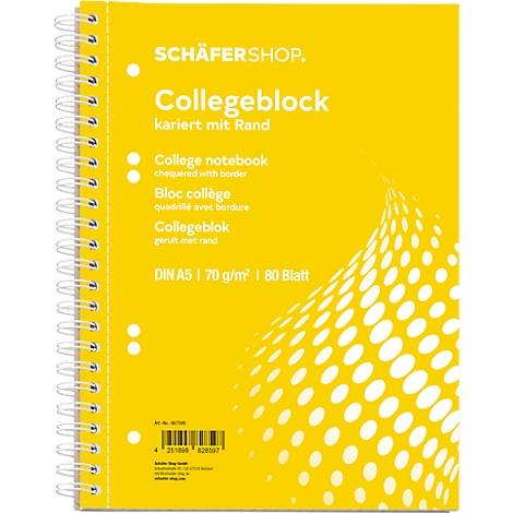 Gele collegeblok met spiraalbinding. Opschrift: 'Collegeblok geruit met rand'.