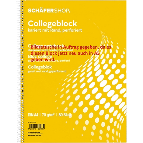 Gele collegeblok cover met opschrift. Geruit, geperforeerd, A4-formaat.