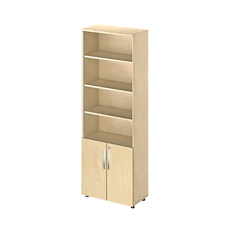 A tall, light wood cabinet consisting of a combination of shelves and a cabinet with doors. On a light background.
