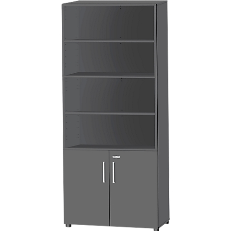 Gray filing cabinet with open shelves and cabinet doors.