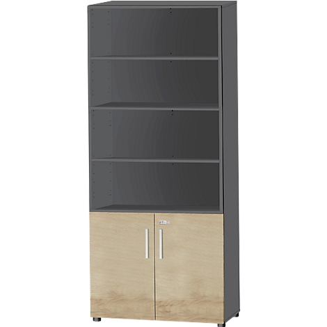 Tall cabinet with gray open shelves and two wooden design doors. There are two silver handles on the doors.