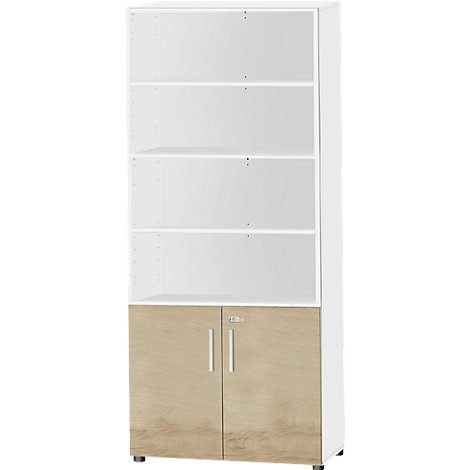 Tall white cabinet with four shelves and two doors at the bottom. The doors are light brown with silver handles.