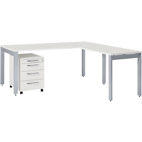 A white corner desk with silver legs and a white mobile pedestal with drawers.