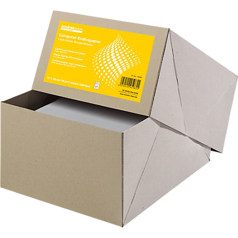 Open cardboard box of paper. Lid with yellow sticker and text. Gray cardboard box, open at the top.