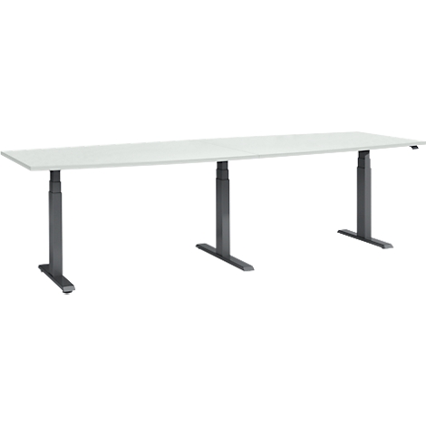White rectangular table with height-adjustable gray legs. The table top is flat and the background is white.