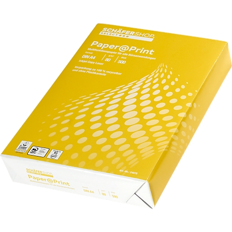 Yellow paper packaging printed with "Paper@Print", DIN A4, 80g. Product from Schäfer Shop.