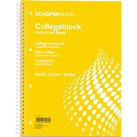 Cuaderno amarillo con espiral. Inscripción: Cuaderno, a cuadros con borde. DIN A4, 70 g/m², 80 hojas.