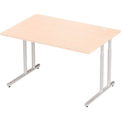 A rectangular desk with light wood and silver legs. It stands freely against a white background.