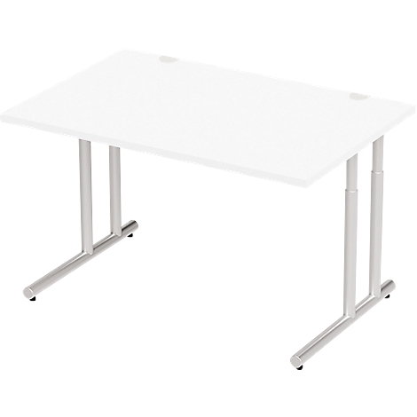 White desk with a rectangular tabletop and silver legs.