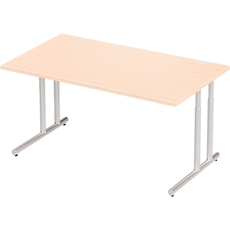 A rectangular, light wood desk with silver legs. The tabletop is light brown, the legs are made of metal.