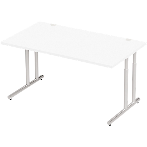 A white desk with silver legs. The table is rectangular and has round cutouts on top.
